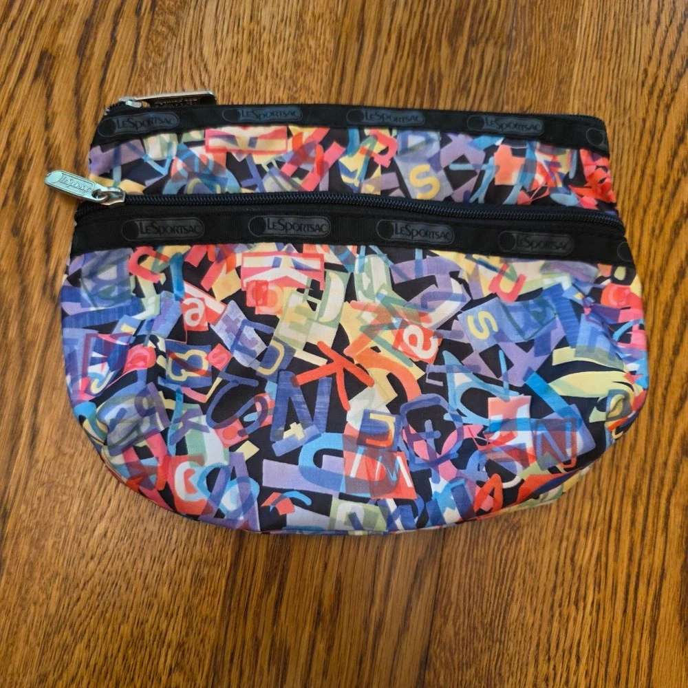 LeSportsac Alphabet Typography Print Nylon Cosmetic Pouch Bag Made in USA Multi